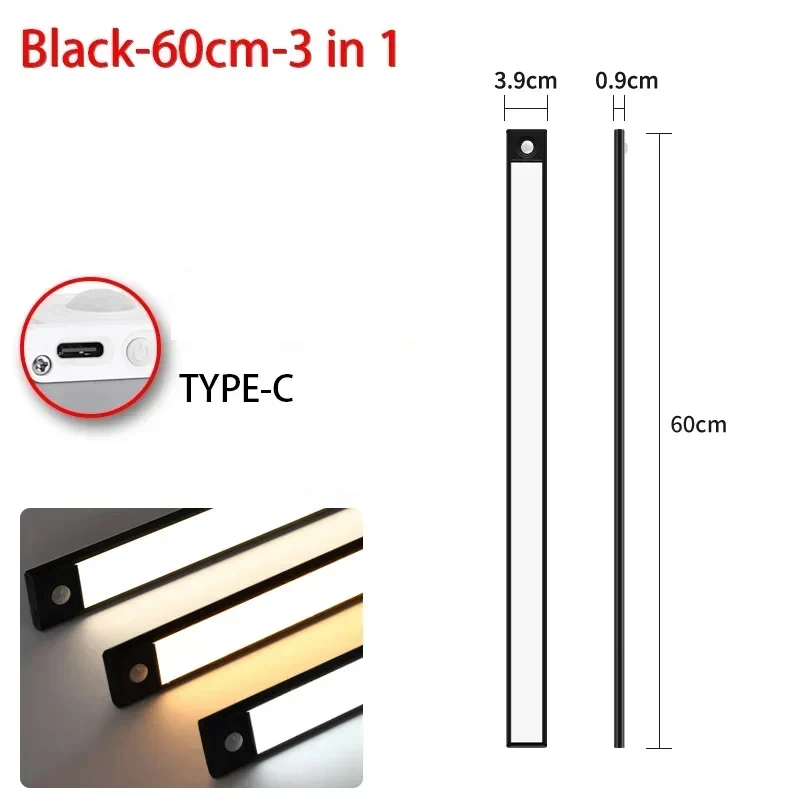 10-60CM Ultradunne LED-onderkastverlichting Magnetisch oplaadbaar bewegingssensorlicht Geschikt voor keukens Kasten Workshops