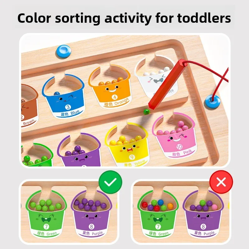 Jeux de tri de couleurs magnétiques Montessori, planche de labyrinthe, stylo, jeux de perles mobiles, contrôle en bois, jeu sensoriel, jouets éducatifs pour enfants