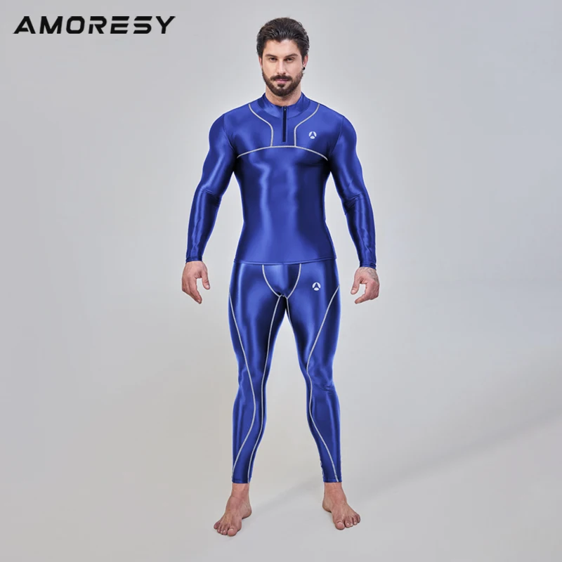 AMORESY Men Glossy Satin Long Sleeve Sports Tops Breathable Tights Gym T-Shirt Spandex Running Leggings Trainning Fitness Pants