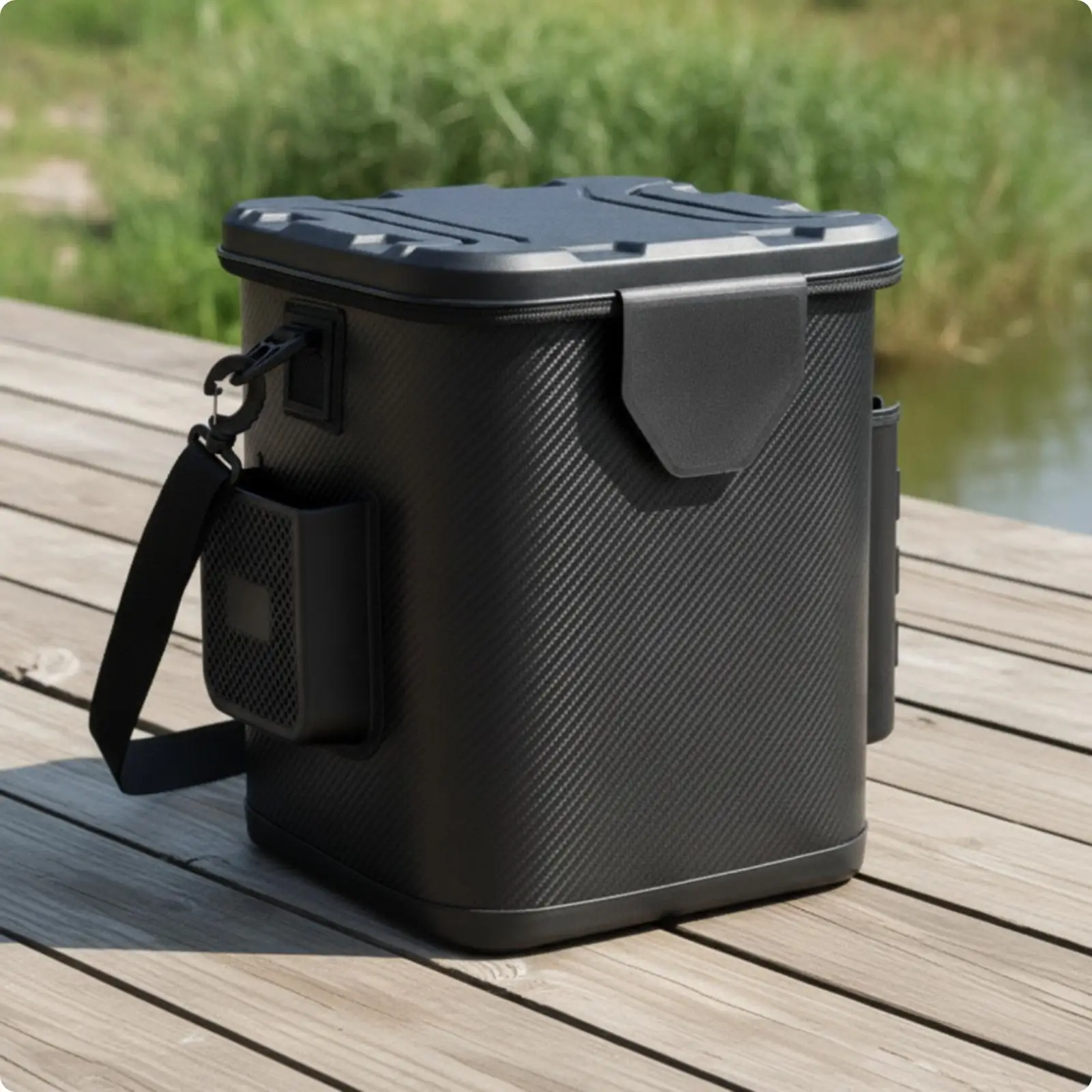 Fishing Box Organizer EVA Sturdy Portable Gear Crate with Rod Holder for Dock Riverbank Fishing Trips