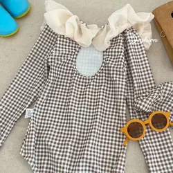 Fato de banho xadrez feminino com boné, Roupa de banho infantil, Roupa de banho, Roupa de natação infantil, Moda Havaí