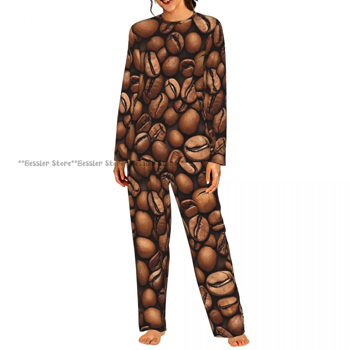 Women Round Neck Pajama Suit Long Sleeve Tops Long Pants Coffee Beans Ladies Nightwear Home Outfit