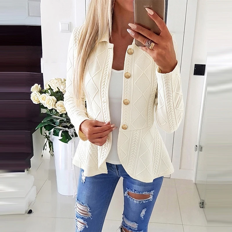 Autumn Lapel Long Sleeved Office Women's Outerwear Casual Jacquard Sweaters Simple Solid Color Single Breasted Knitted Jacket