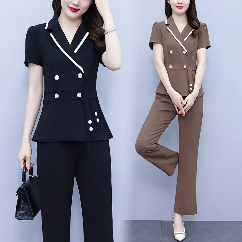 

Korean Oversize Fashion Women Pants Sets 2023 Summer New Turn Collar Button Top 2 Pieces Office Lady Outfits Female Pantsuits
