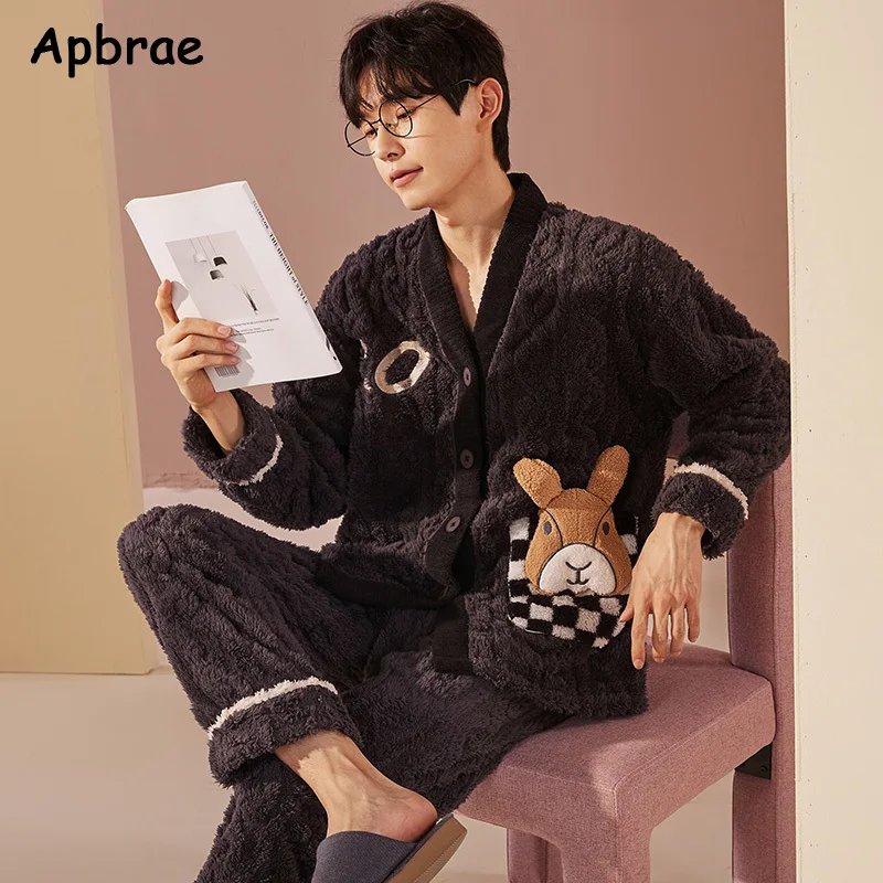 Winter L-3XL Mens Pajamas Set Thick Flannel Sleepwear for Men Bear Print Man\'s Warm Long Sleeves Pijamas Kimono Loungewear