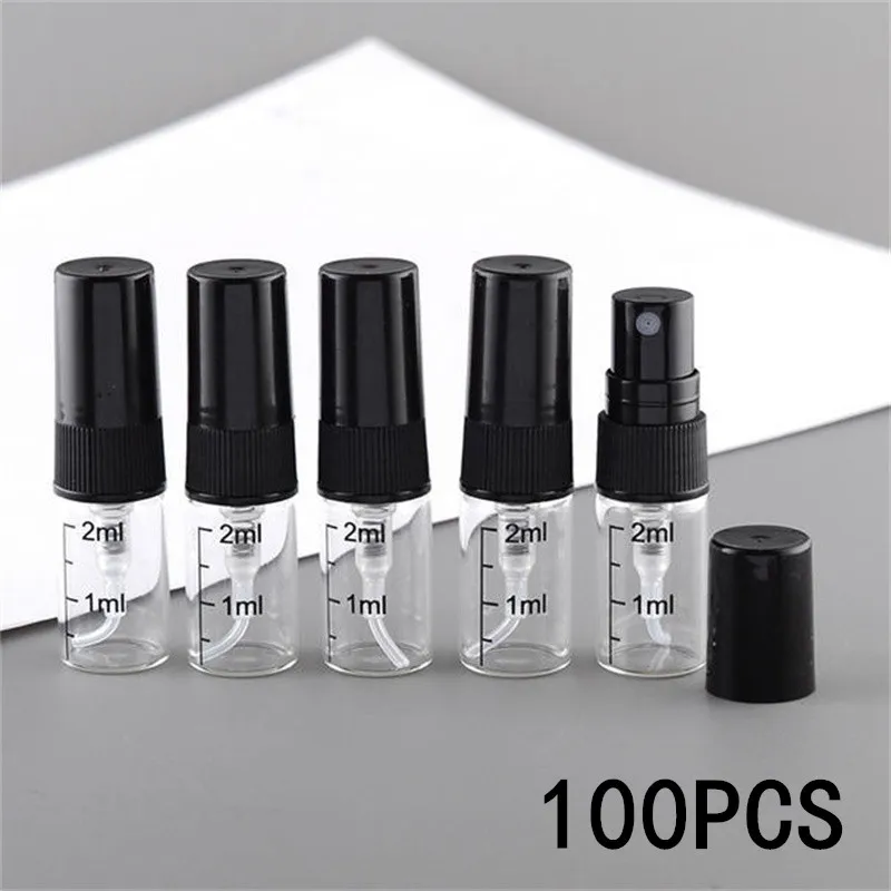 

50/100 шт., 2 мл, черный распылитель с распылителем и шкалой, распылитель, бутылка для путешествий, многоразовая бутылка, флакон духов с распылителем, оптовая продажа