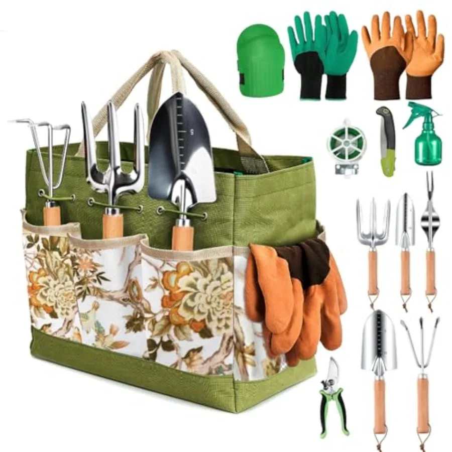 

13 PCS Stainless Steel Heavy Duty Garden Tool Set with Storage Tote Bag Knee Pads Squirt Bottle and Gloves for Outdoor Planting