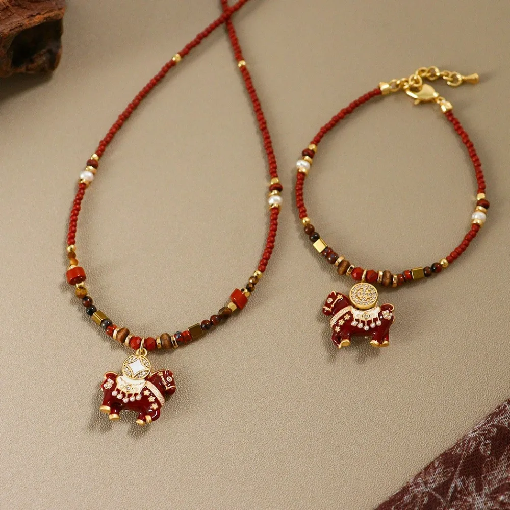

Fashion Exquisite Red Oil Dripping Horse Pony Pendant Rice Beads Strand Bracelet Light Luxury High-end Cute Clavicle Chain Women