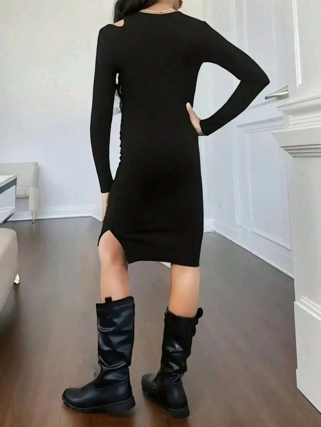 Solid color round neck hollow out slit knitted mid length dress, popular style, suitable for daily travel
