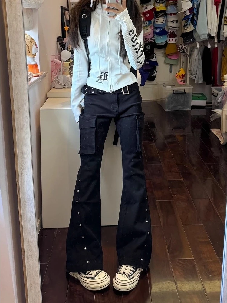 

Ретро-джинсы-клеш в американском стиле с заклепками, мужские, прямого кроя, для повседневной носки, в стиле High Street, с эффектом стройности