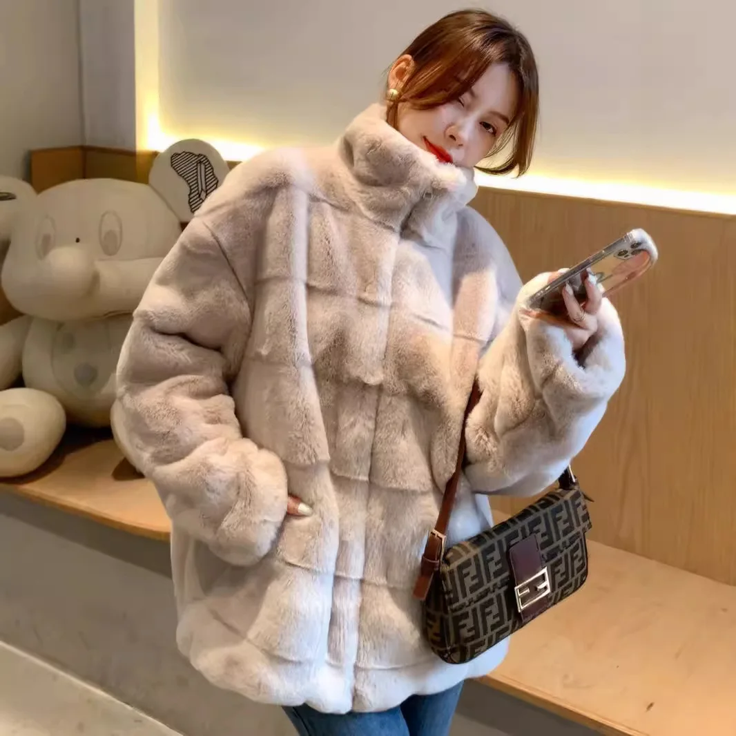 Rabbit fur imitation fur fur coat winter 2024 new stand-up collar zipper women's jacket autumn and winter square plush top