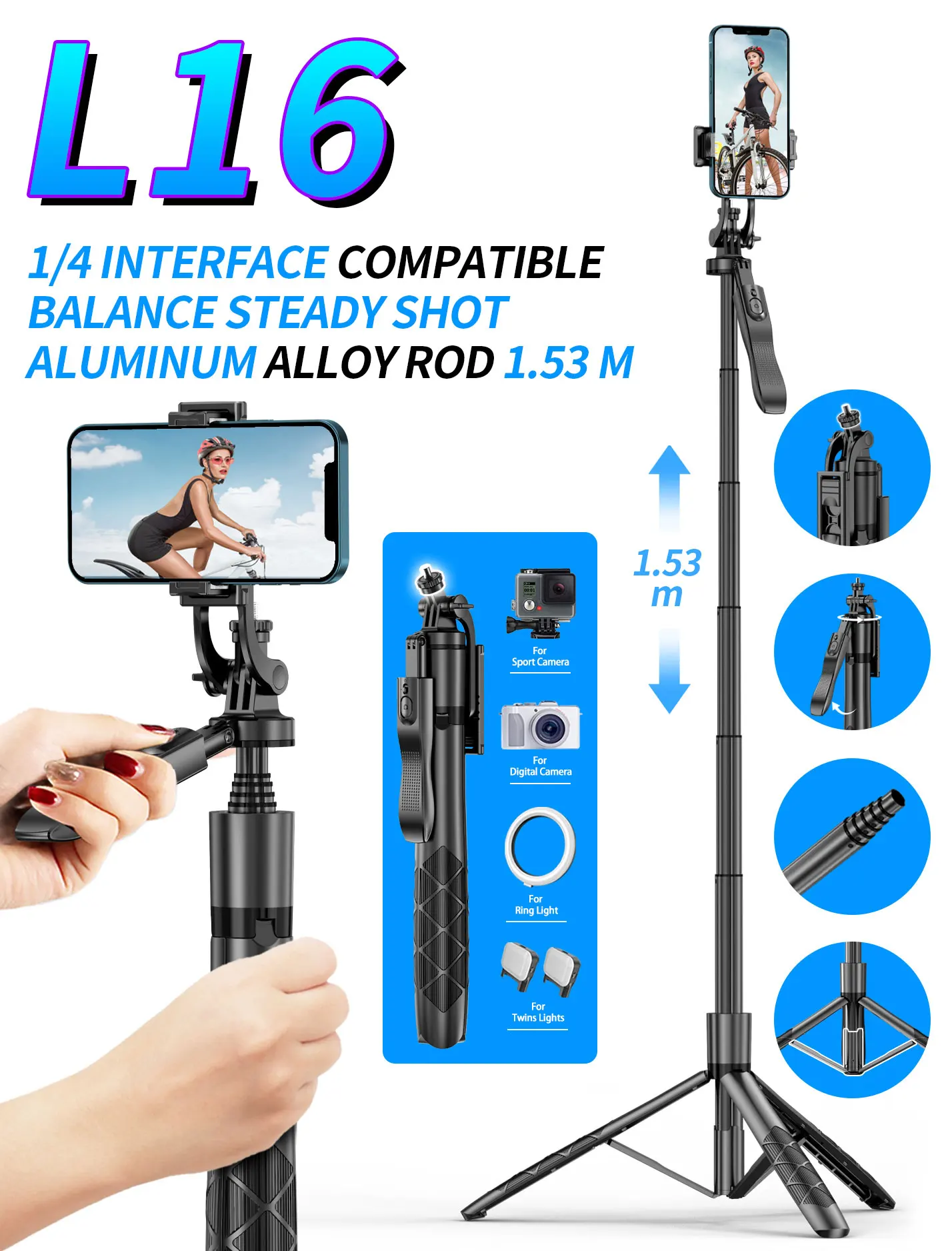 Poteau à Selfie Bluetooth pour téléphone Portable, double lumière de remplissage, stabilisateur portatif, poteau télescopique, support de Streaming en direct, trépied