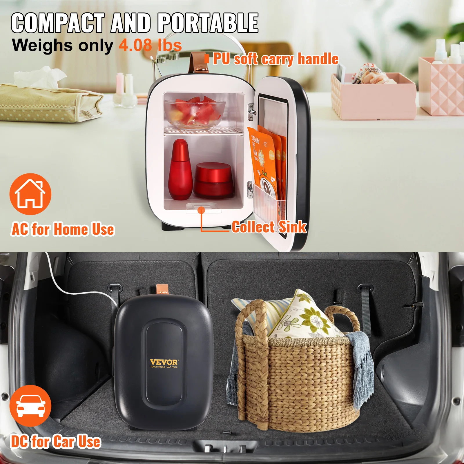 VEVOR 4L Mini Car Refrigerator Lightweight Dual-Use Insulated Cooler Box Refrige Car Accessory for Tourist Camping Home Truck