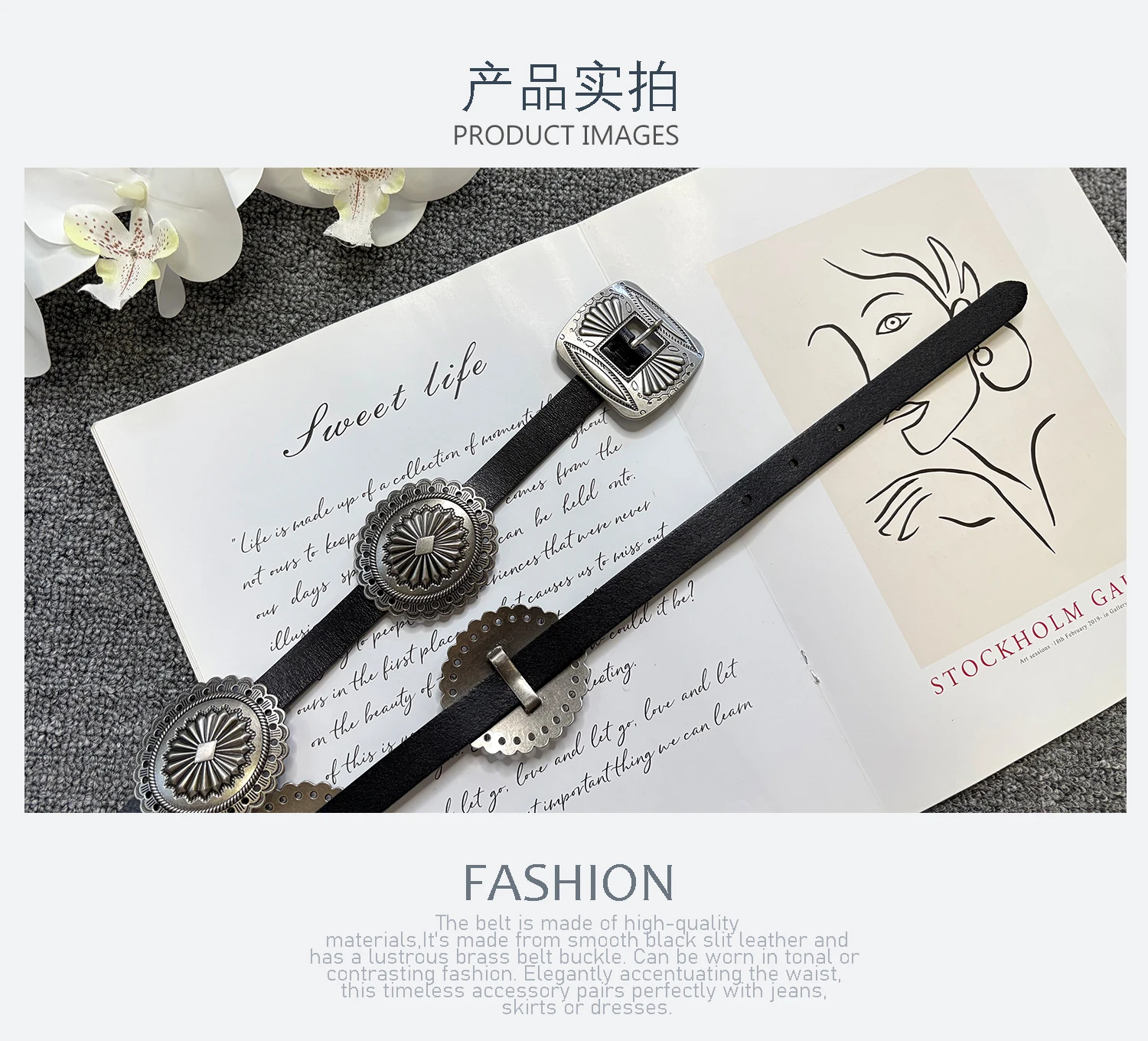 Antique silver metal decorative first-layer cowhide belt, punk style metal thin belt, women's genuine leather pants belt, small
