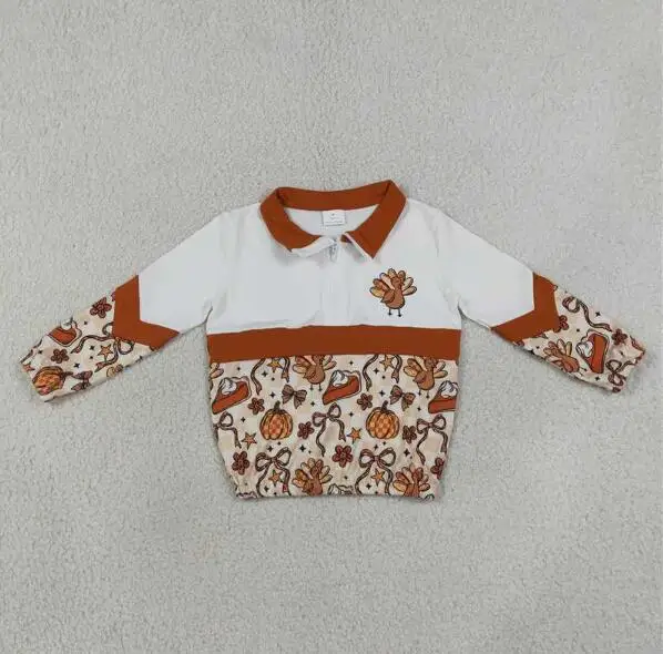 Wholesale Toddler Girls Thanksgiving Pullover Baby Girl Zipper Shirts Kids Children Long Sleeves turkey Pumpkins Bows Clothing