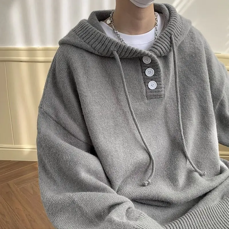 2024 Autumn and Winter Men's Hooded Knitted Pullover Sweater Casual Loose Fit Gray Lazy Style