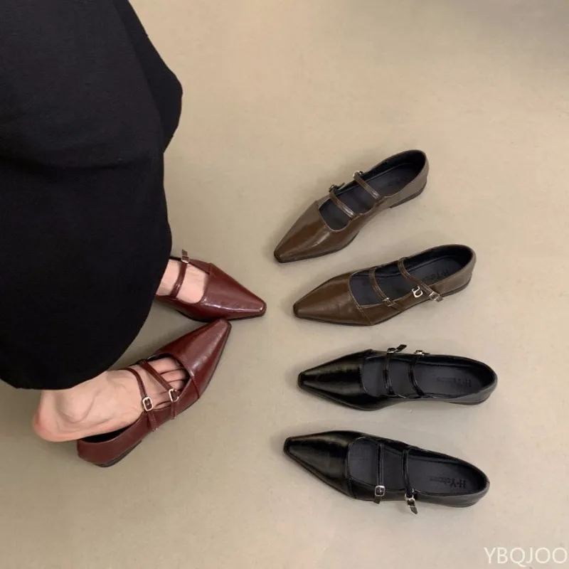 Scherpe puntige ondiepe mond elegante eenvoudige damesschoenen lente modieuze veelzijdige flats comfortabele gesp damesschoenen