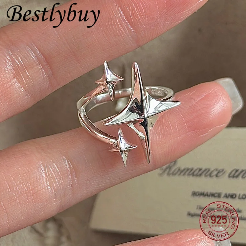 

Кольцо из стерлингового серебра S925 с четырехконечной звездой, регулируемым отверстием и звездным узором, женское украшение в минималистическом стиле