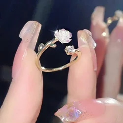 Vintage Rose Flower Rings For Women Shiny Crystal Zircon Adjustable Princess Finger Ring Bride Wedding Engagement Party Jewelry