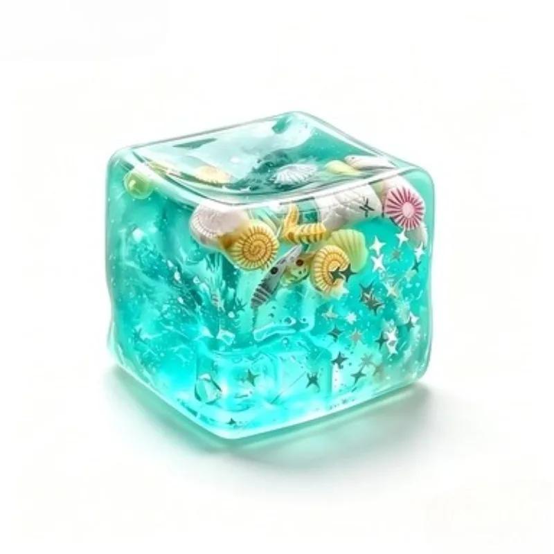Jouet sensoriel anti-stress Ocean Gel Cube Squishy, jouet à presser transparent rempli de coquillages et d'étoiles de mer