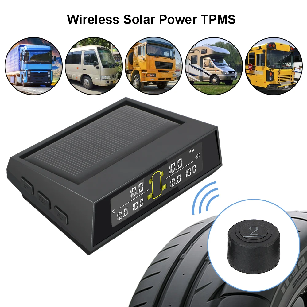 RV/Truck/bus TPMS Tire Pressure Monitoring System With 6Pcs Sensors Solar/USB Power LCD Color Screen Tyre Pressure Range 0-8 Bar