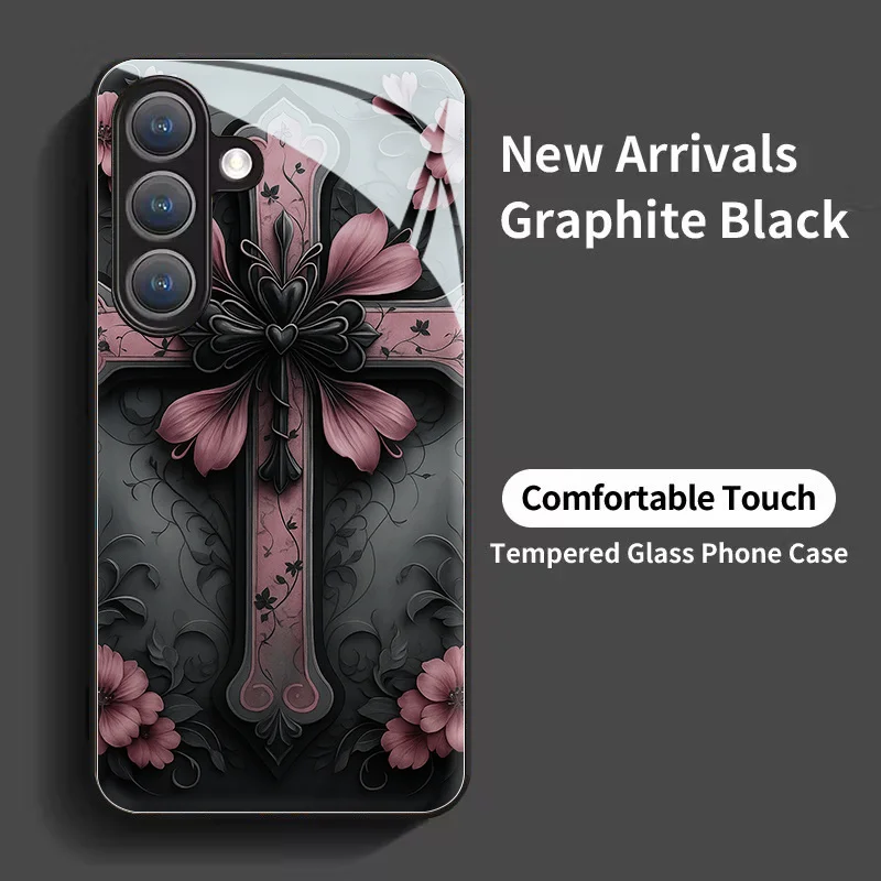 Darkly exquisite floral vine cross black tempered glass case, suitable for Samsung 25/S24/S23/S22/S21/S20/Ultra/Plus/S10/Plus