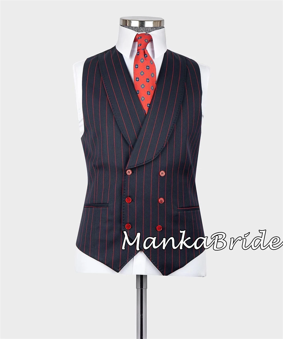 Navy Blue Red Stripe Autumn/Winte  Men\'s Suit for Wedding Groom Tuxedo 3pcs Blazer Pants Formal Business Party Male Costumes