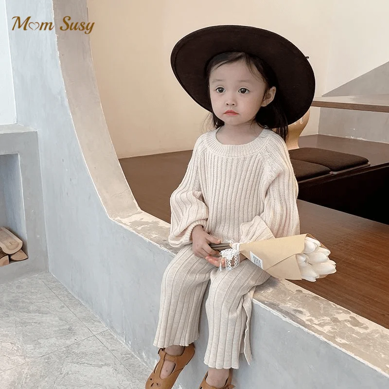 Fashion Baby Girl knitted Clothes Set Loose Sweater Wide Bottom Pant Infant Toddler Child Clothing Suit Baby Clothes 1-7Y