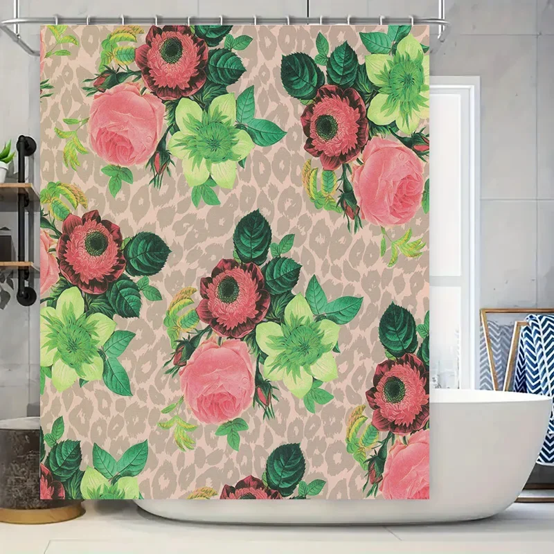 

Bathroom shower curtain with floral pattern, pink rose design, leopard print background home decor accessories for bathroom