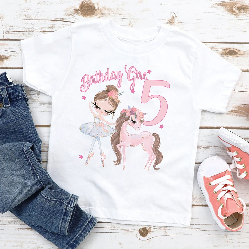 Kids Pink Ballerina Pony Print T-shirt 1-12 Birthday Party Outfit Tops Birthday Girls Short Sleeve T Shirt Clothes Gift for Girl