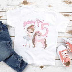 Camiseta con estampado de poni de bailarina rosa para niños, traje de fiesta de cumpleaños, Tops, camiseta de manga corta para niñas, ropa de regalo para niñas de 1 a 12 años