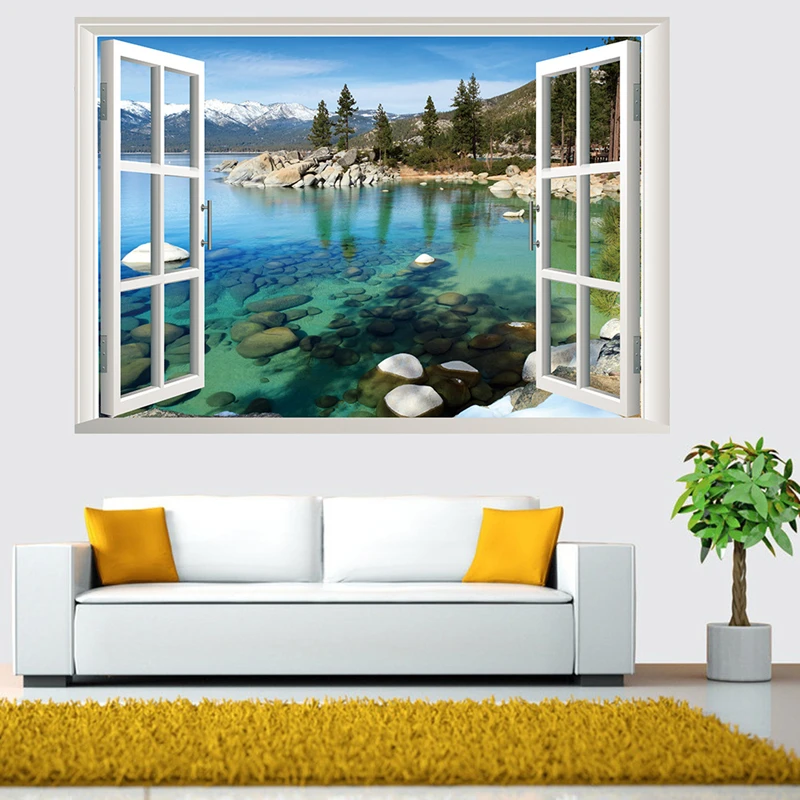 Lake View Mural for Home Decoration Aesthetic Room Walls Art Imitation Big Window Scenery Snow Mountain Clear Water PVC Stickers