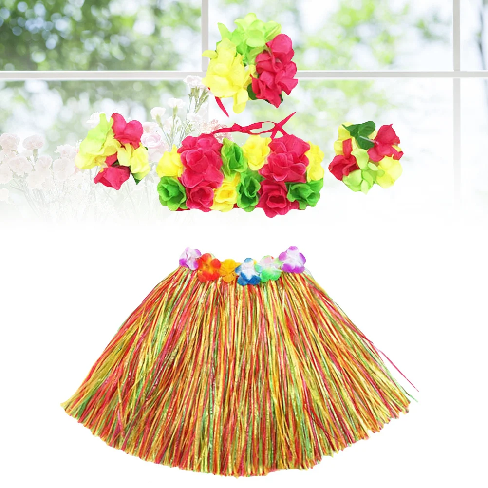 5 قطع الاستوائية حولا العشب تنورة مجموعة هاواي ملابس رقص مع زهرة مشرقة اكسسوارات لحفل الزفاف 40 سنتيمتر الملونة #1