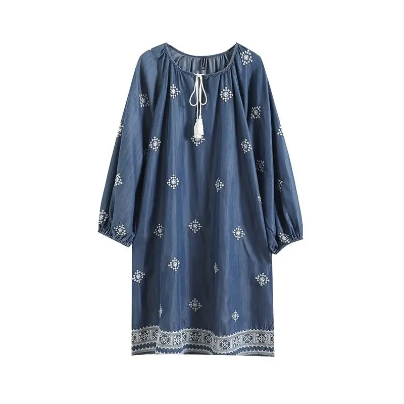2026 bohème broderie femmes robe en jean à lacets lanterne manches robe en jean pour les femmes boho vacances jean boho robe