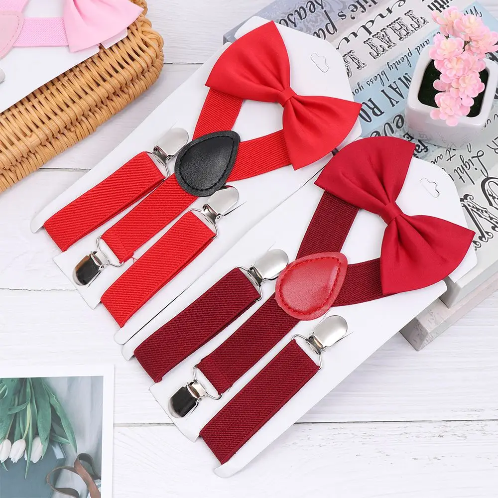 Gifts Clip-on Adjustable Baby Children Wedding Dress Solid Color Cow Tie Belts Elastic Braces Printed Bow Tie Kids Suspenders