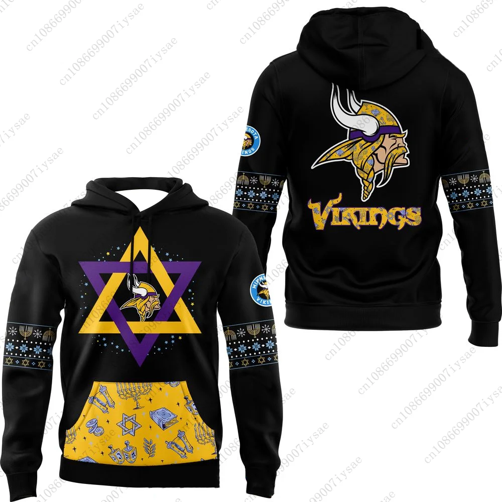 2024 Men's Vikings Happy Hanukkah Football Special Hoodie Special Hoodie Youth Kids Gym Sportwear Loose Unisex Rugby Sweatshirt