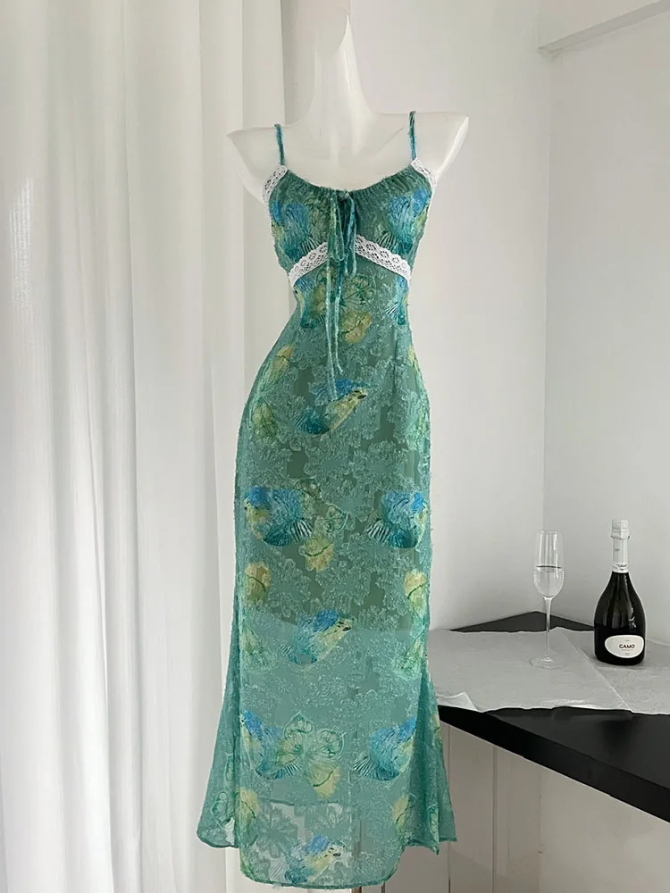 New Chinese Style Print Spaghetti Strap Dress Sleeveless Fashion Lace Sundress Temperament Green Floral Dress Formal Occasion