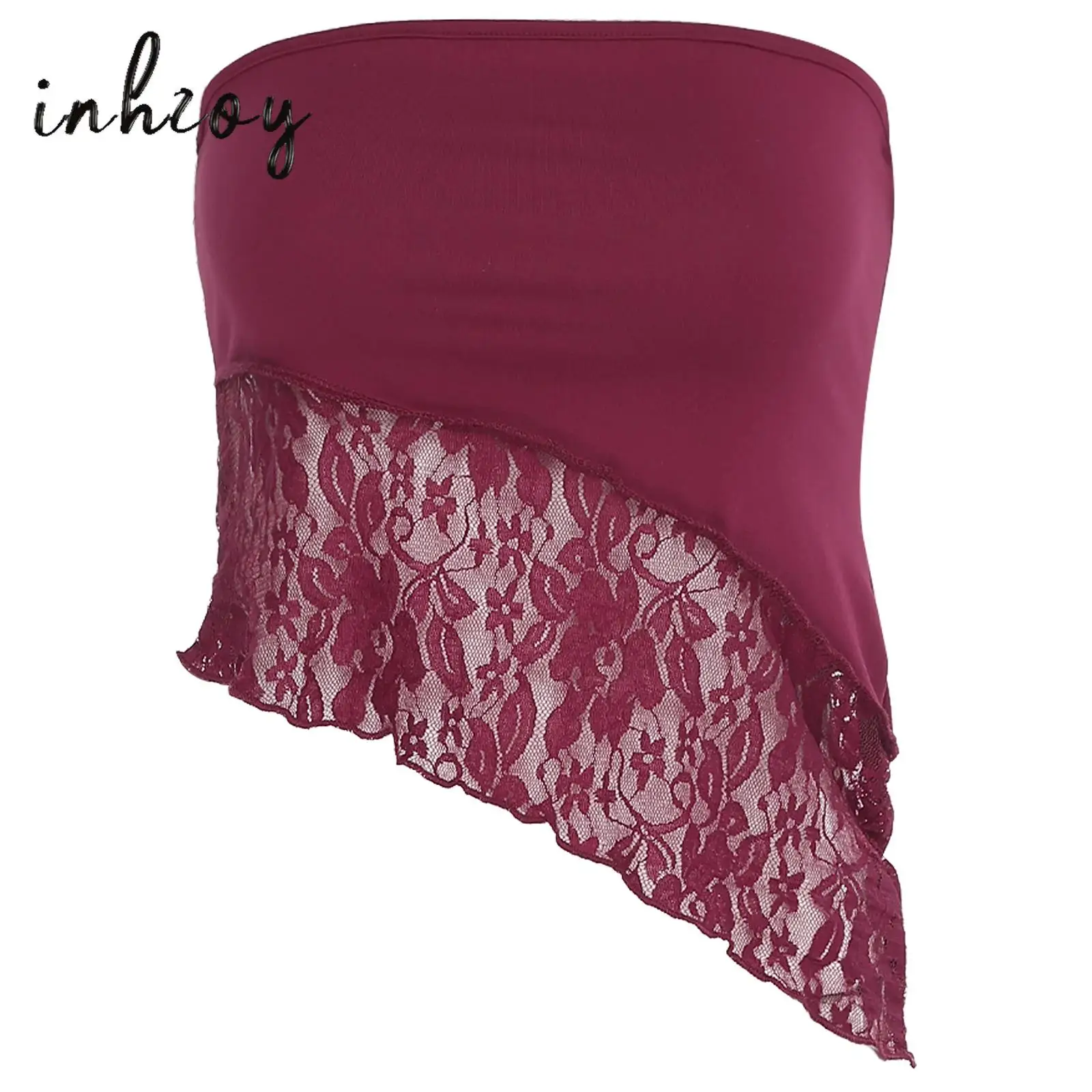 

Womens Strapless Tube Tops Floral Lace Patchwork Sleeveless Irregular Bandeau Crop Tops Chic Blouse for Casual Tropical Vacation