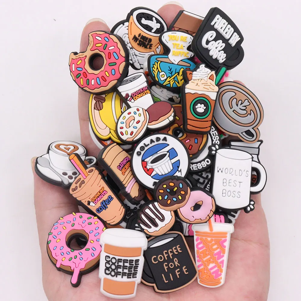 1-33Pcs PVC Fueled By Coffee Donuts Food Shoe Charms Adult Designer Sandals Accessories DIY Holiday Present