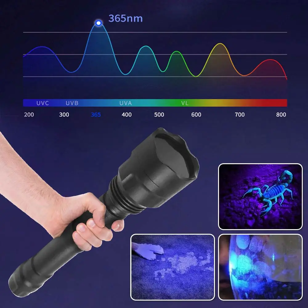 365nm LED UV Flashlight Blacklight Ultraviolet Torch 365nm Violet Light Pet Urine Scorpion Detector Tool UV Lamp Rechargeable