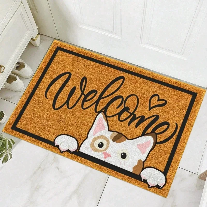Natural Coir Welcome Doormat with Cute Black and White Cats Heart Design Non Slip Entryway Rug for Home Decor Indoor Outdoor