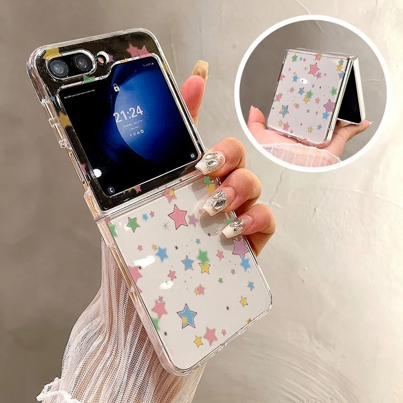 Ins Colorful Stars Print Phone Case For Samsung Galaxy Z Flip 7 6 ZFlip 5 Clear Folding Cover For Samsung ZFlip 8 4 3 Shells