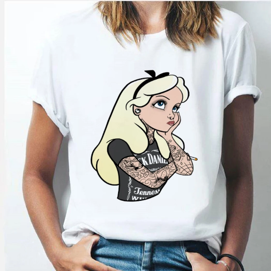 Księżniczka nadruk alicja w krainie czarów kobiety koszulki bluzki czarne Alice T Shirt Femme Top lato nowe