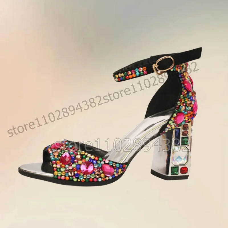 

Colorful Crystal Decor Open Toe Sandals Ankle Buckle Strap Women Shoes Chunky High Heels Fashion Party 2023 Zapatos Para Mujere