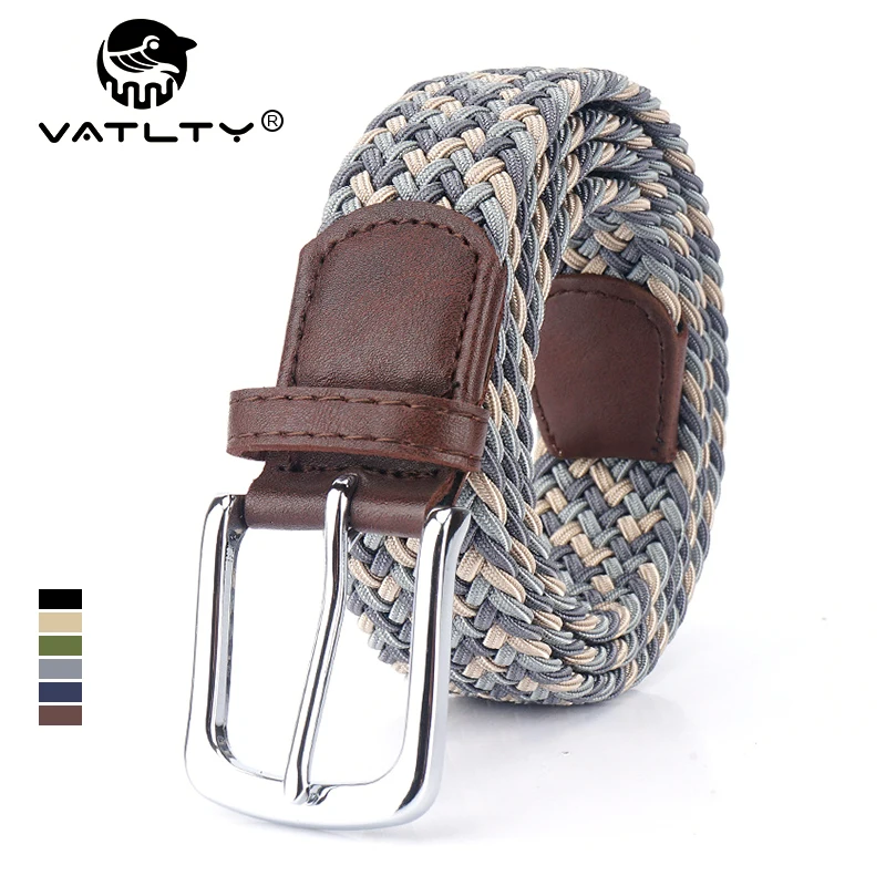 VATLTY Fashion Woven Elastic Belt for Women Men Solid Alloy Silver Buckle Stretch Strap Female Jeans Brown Belt Girdles Male