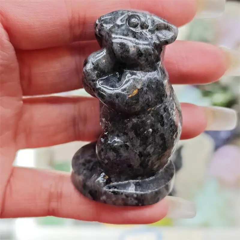 Natural Larvikite Cartoon Hamster Carving Crystal Healing Animals Figurines Home Decorations DIY Holiday Gift 1pcs