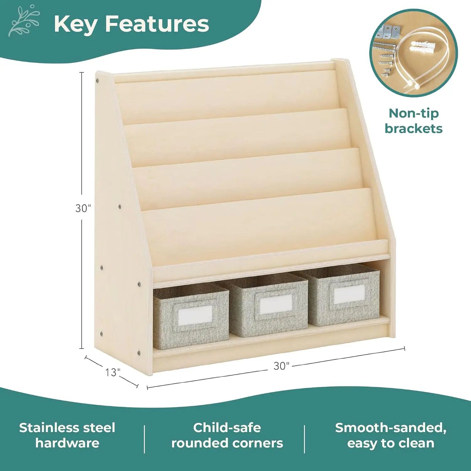 Natural Wooden Book & Toy Storage Organizer with 3 Fabric Bins, Multi-Purpose Display Shelf for Classroom & Home, Customized