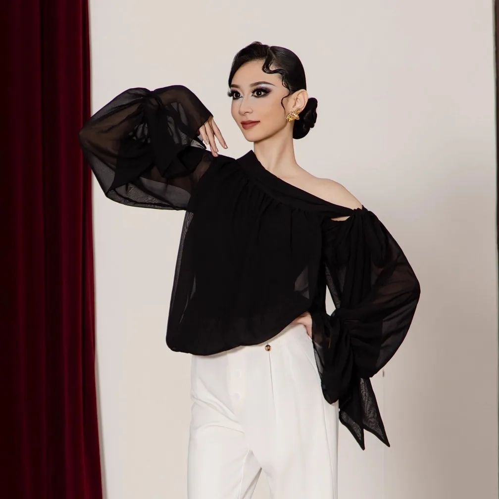 2025 Schuine Schouder Mesh Top Moderne Dans Kleding Voor Vrouwen Latin Wals Ballroom Dans Volwassen Praktijk Kostuums Dragen DN22299