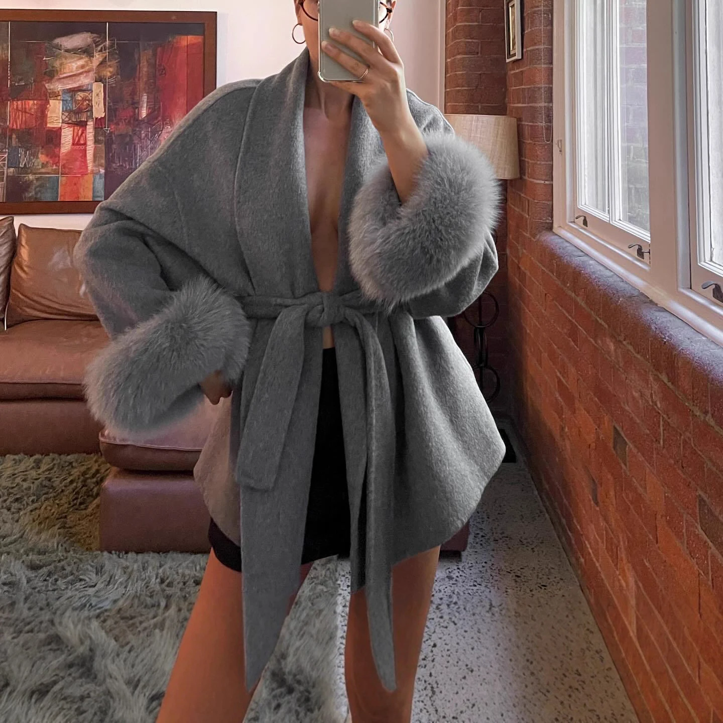 Mode Revers Kurzen Mantel mit Gürtel Neue Feste Pelz Patchwork Spitze Up Oberbekleidung Frauen Woolen Jacke Herbst Dame Strickjacke Elegante