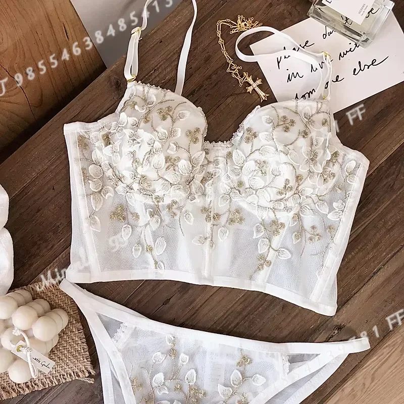 2 Pieces Sexy Lace Flower Embroidery Underwear Set Women French Body Shaping Push Up Bra Romantic White Lingerie Sets